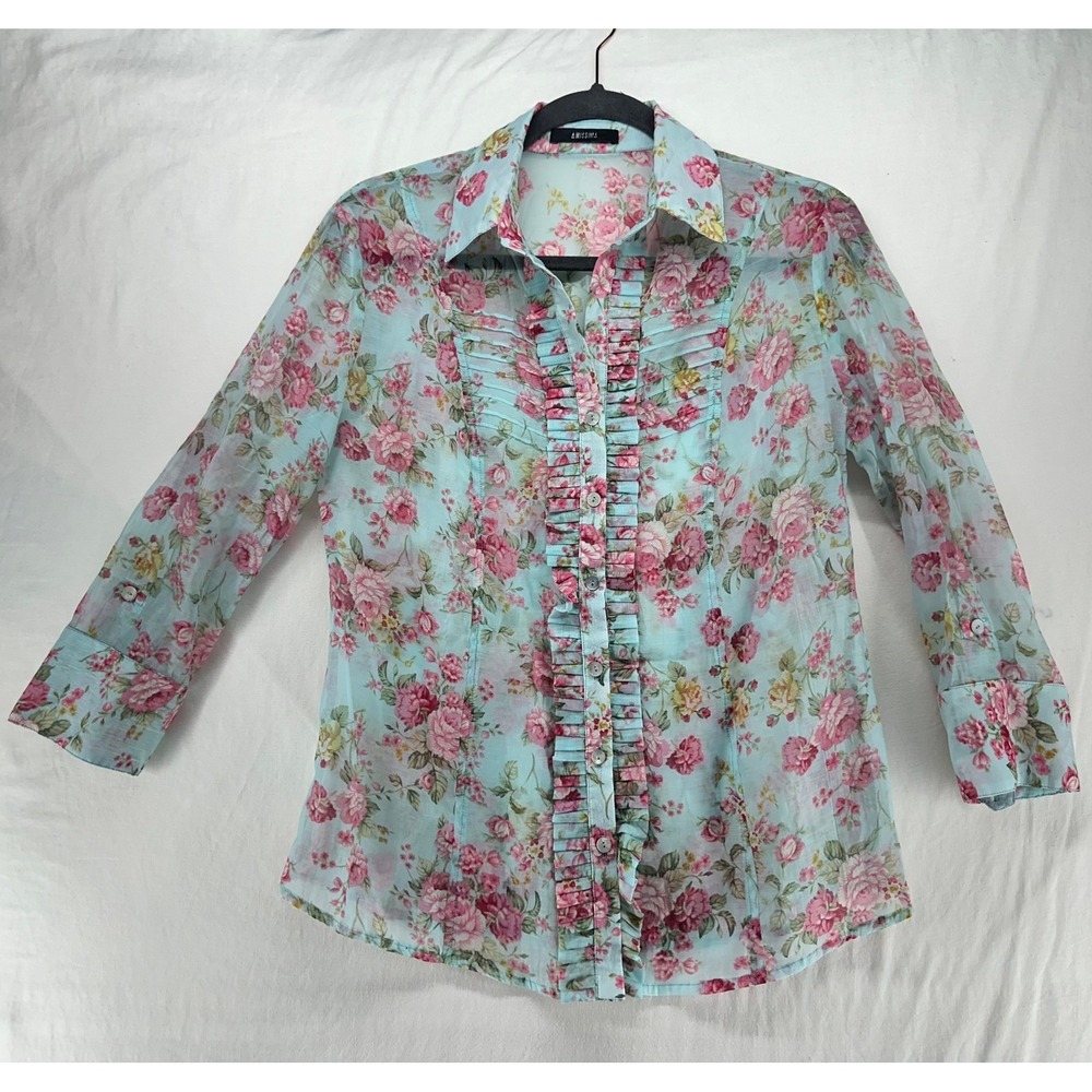 Amissima‎ Blue Pink Floral Silk Cotton Ruffle Button Down Blouse Top Womens S